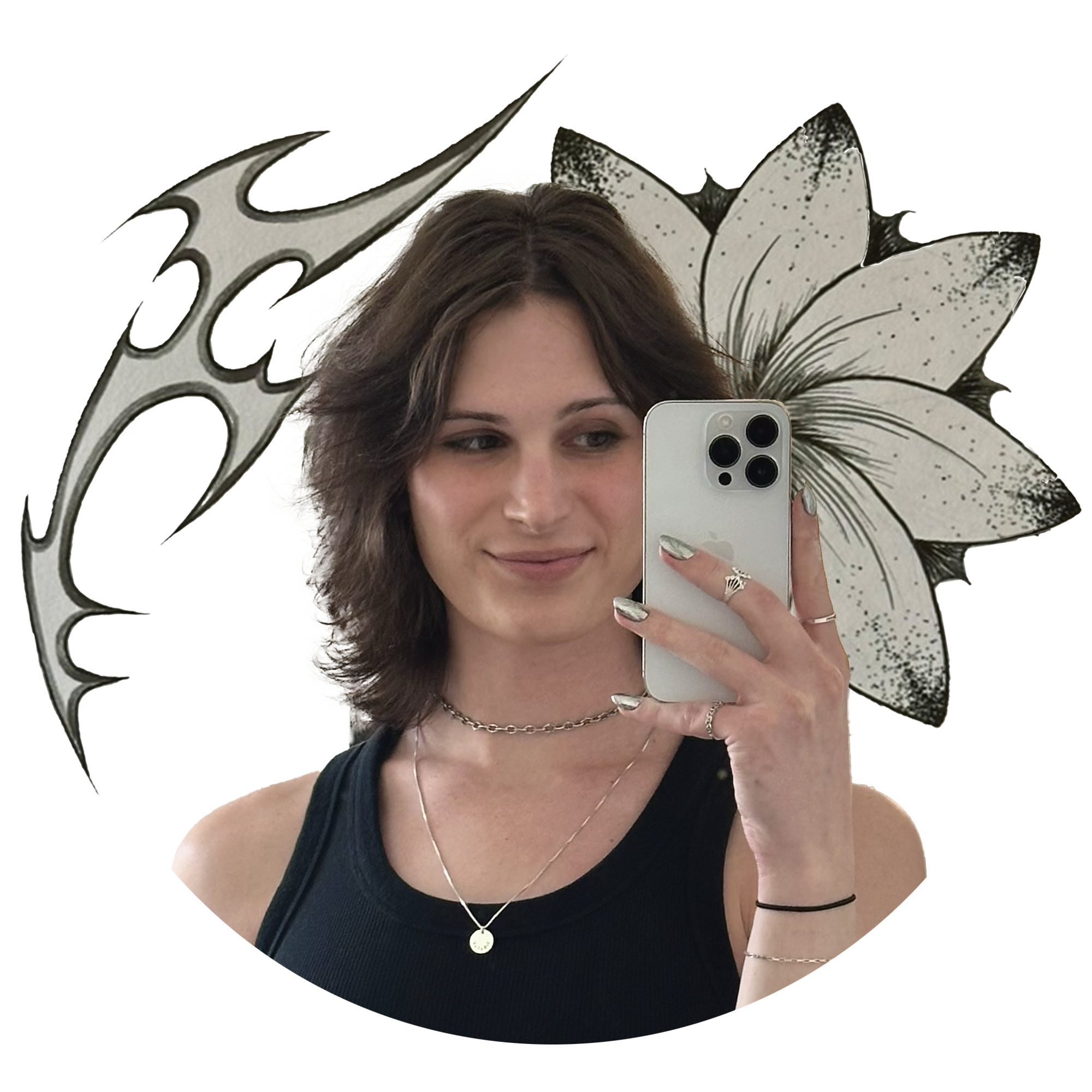a picture of Zoe. she has brown hair and eyes and is wearing a tanktop with necklaces.